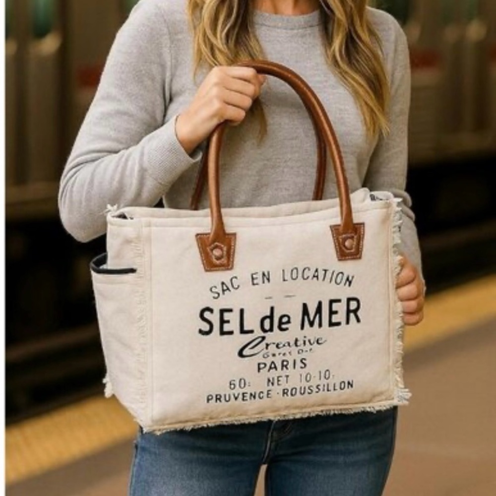 Myra Bags Canvas Tote Bag Sel de Mer Paris frayed canvas with Brown Handles